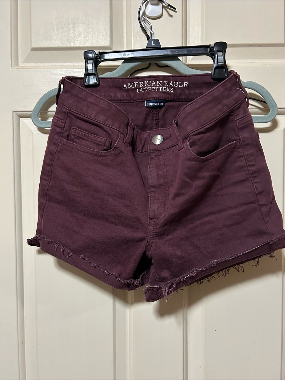 American Eagle Outfitters Wine High-Rise Frayed Denim Shorts